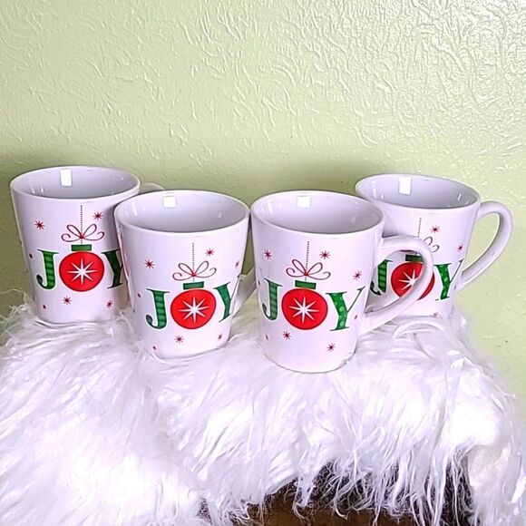 Holiday Mugs "JOY", White, Red & Green, Set of 4 - Picture 3 of 6